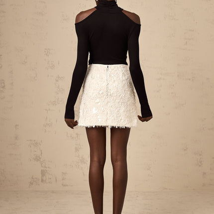 Georgia White Tweed Mini Skirt with Hand-Applied Sequins and Fringe Trims