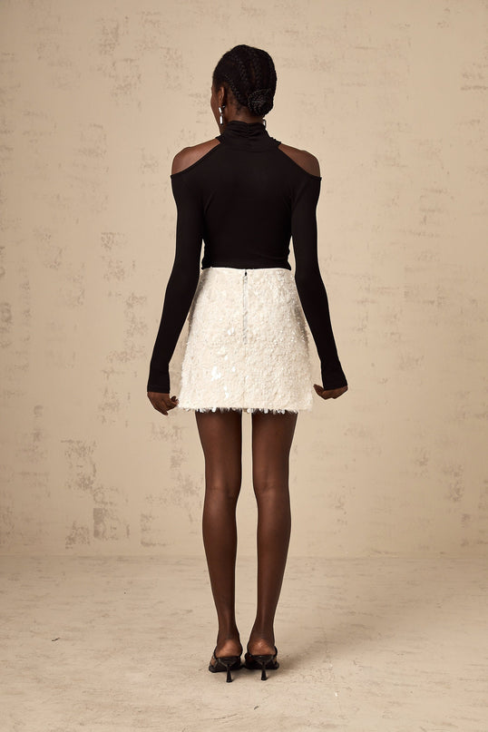 Georgia White Tweed Mini Skirt with Hand-Applied Sequins and Fringe Trims