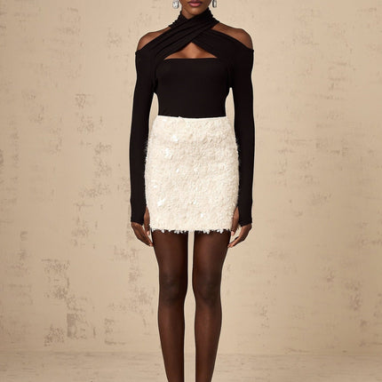 Georgia White Tweed Mini Skirt with Hand-Applied Sequins and Fringe Trims