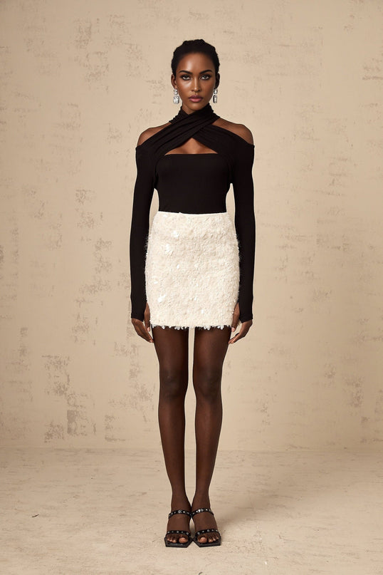 Georgia White Tweed Mini Skirt with Hand-Applied Sequins and Fringe Trims