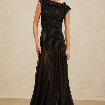Geraldina Black Crop Top Embellished Ruched Rhinestone Braid Detailing
