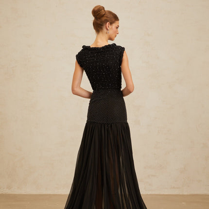 Geraldina Black Crop Top Embellished Ruched Rhinestone Braid Detailing