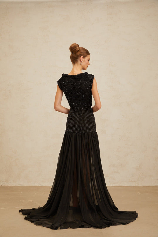 Geraldina Black Crop Top Embellished Ruched Rhinestone Braid Detailing