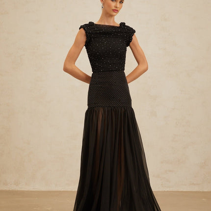Geraldina Black Crop Top Embellished Ruched Bateau Neckline Rhinestone Detail