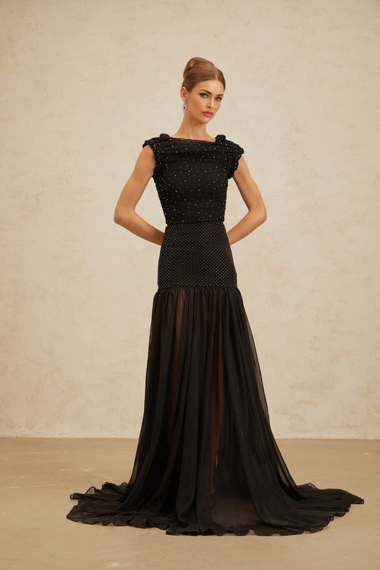 Geraldina Black Crop Top Embellished Ruched Bateau Neckline Rhinestone Detail