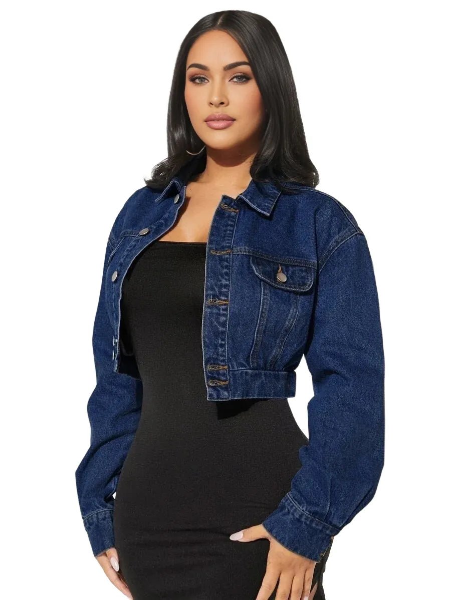 Geraldina Cropped Denim Jacket with Button Detail in Blue - Blue