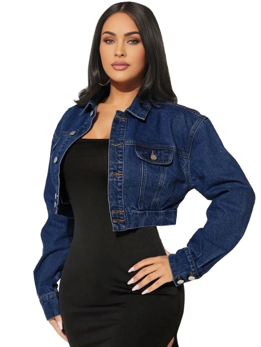 Geraldina Cropped Denim Jacket with Button Detail in Blue - Blue