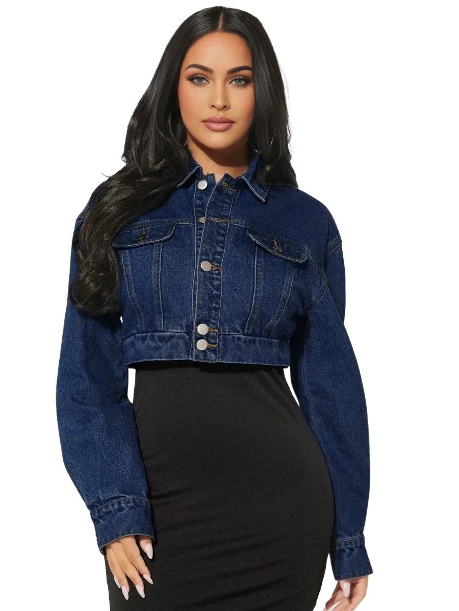 Geraldina Cropped Denim Jacket with Button Detail in Blue - Blue