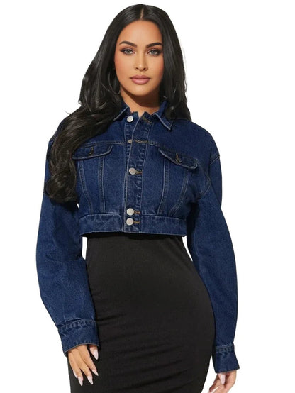 Geraldina Cropped Denim Jacket with Button Detail in Blue - Blue