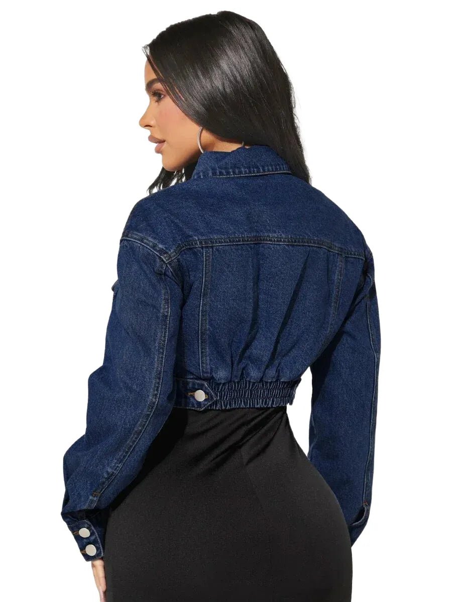 Geraldina Cropped Denim Jacket with Button Detail in Blue - Blue