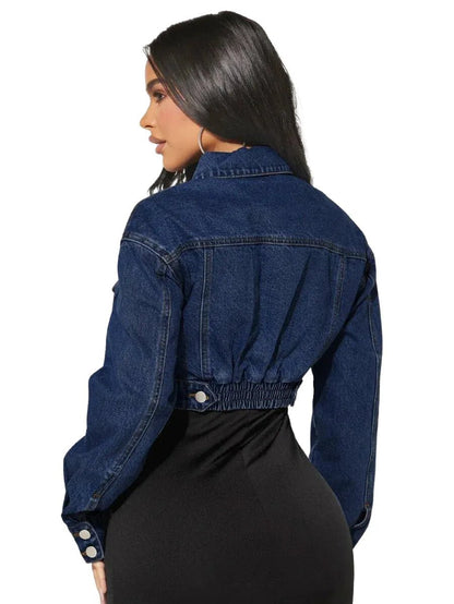 Geraldina Cropped Denim Jacket with Button Detail in Blue - Blue