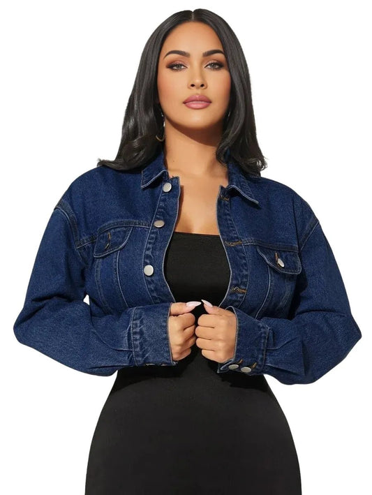 Geraldina Cropped Denim Jacket with Button Detail in Blue - Blue