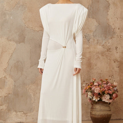 Geraldina White Maxi Dress with Bateau Neck and Gold-Tone Hardware