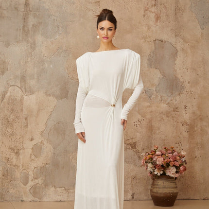 Geraldina White Maxi Dress with Bateau Neck and Gold-Tone Hardware