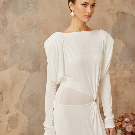 Geraldina White Maxi Dress with Bateau Neck and Long Sleeves