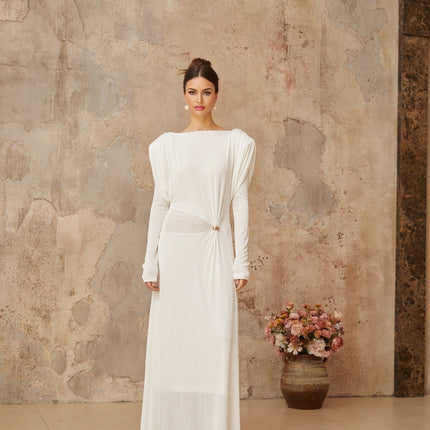 Geraldina White Maxi Dress with Bateau Neck and Gold-Tone Hardware