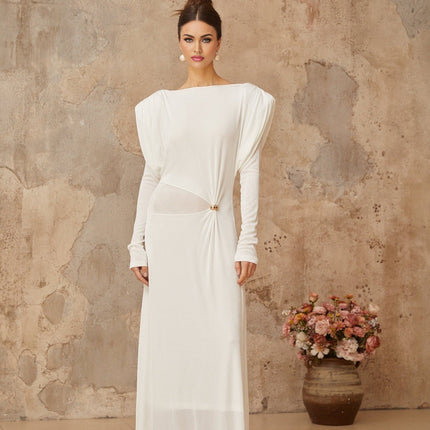 Geraldina White Maxi Dress with Bateau Neck and Gold-tone Hardware