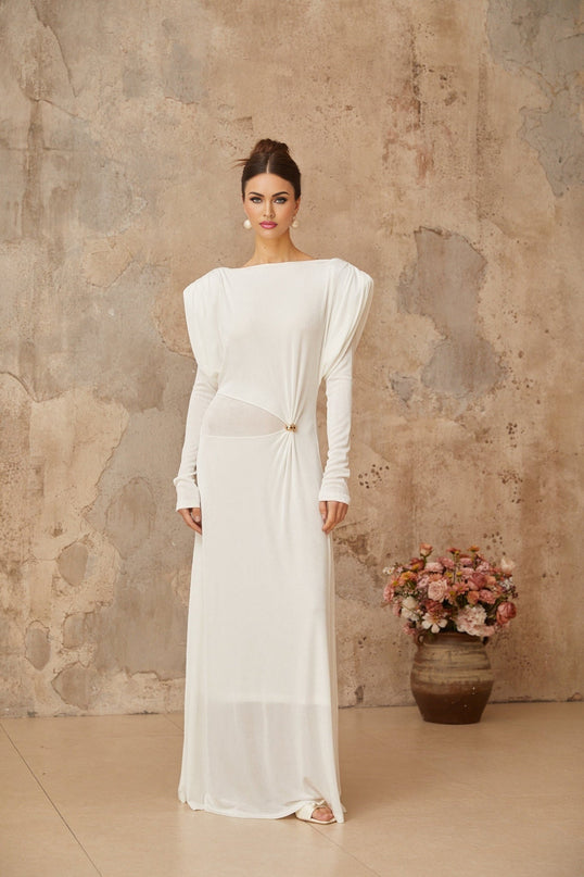 Geraldina White Maxi Dress with Bateau Neck and Gold-tone Hardware