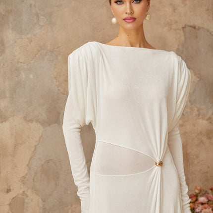 Geraldina White Maxi Dress with Bateau Neck and Gold-Tone Hardware