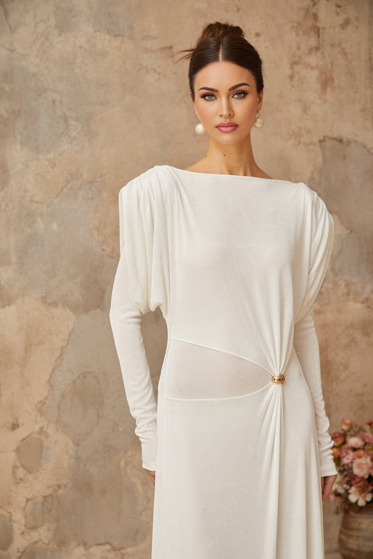 Geraldina White Maxi Dress with Bateau Neck and Gold-Tone Hardware