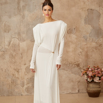 Geraldina White Maxi Dress with Bateau Neck and Gold-Tone Hardware