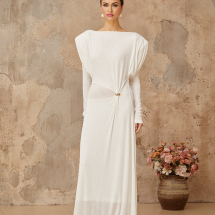Geraldina White Maxi Dress with Bateau Neck and Gold-Tone Hardware