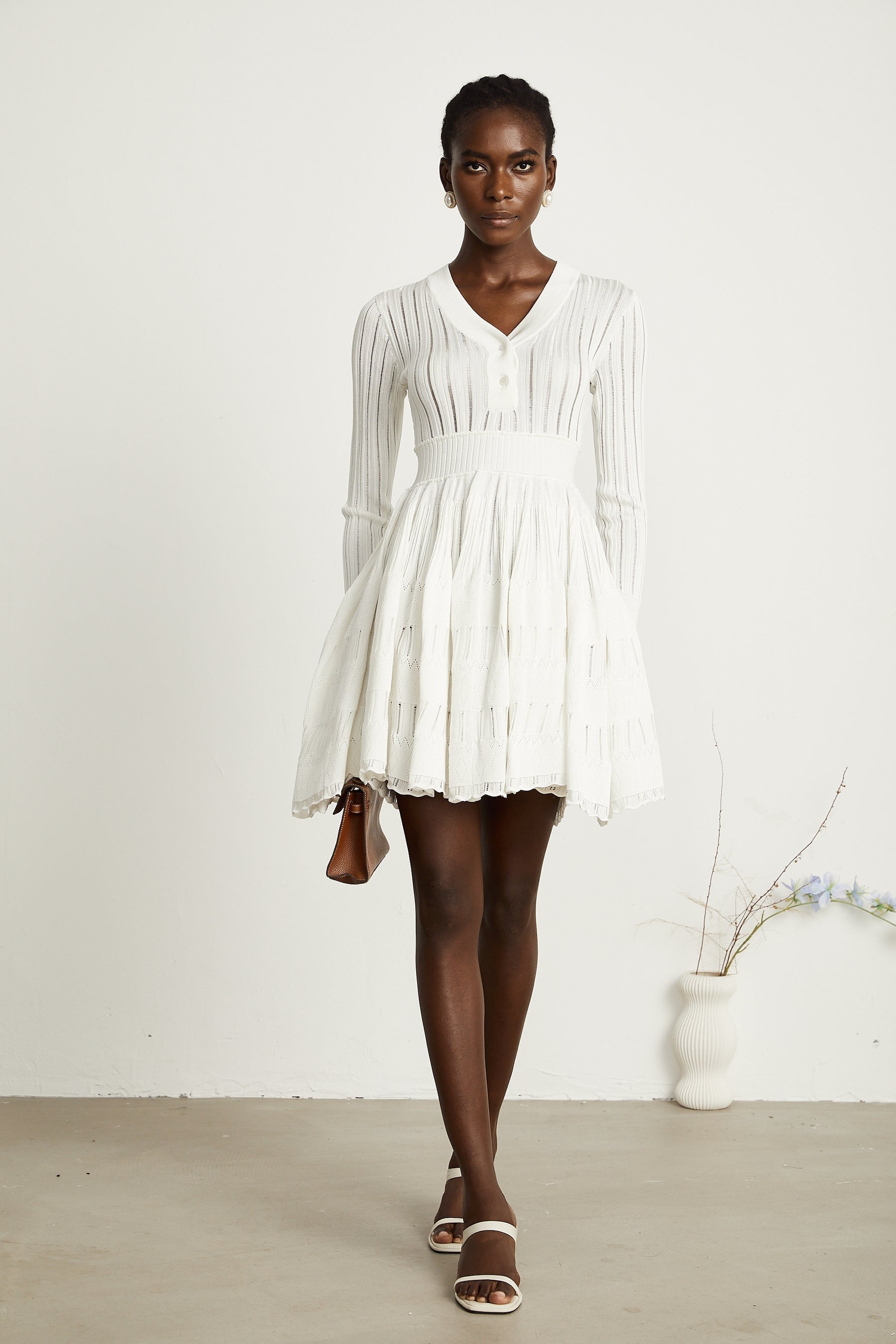 Géraldine white pointelleknit midi dress