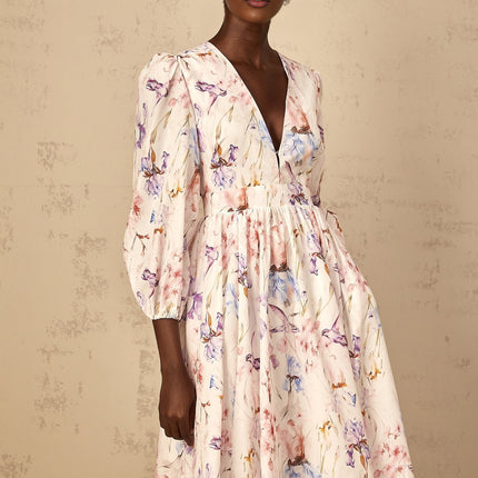 Géraldine Womens White VNeck Floral Print Midi Dress