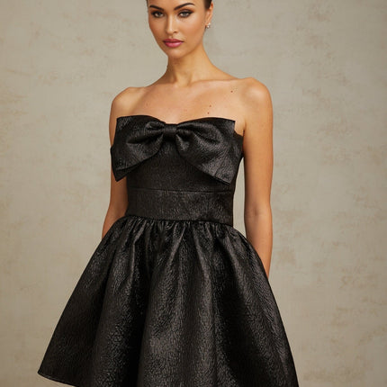 Giacomina Black Mini Dress with Off-Shoulder Design and Bow Detailing