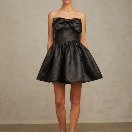 Giacomina Black Mini Dress with Off-Shoulder Design and Bow Detailing in Luxurious Terylene Fiber