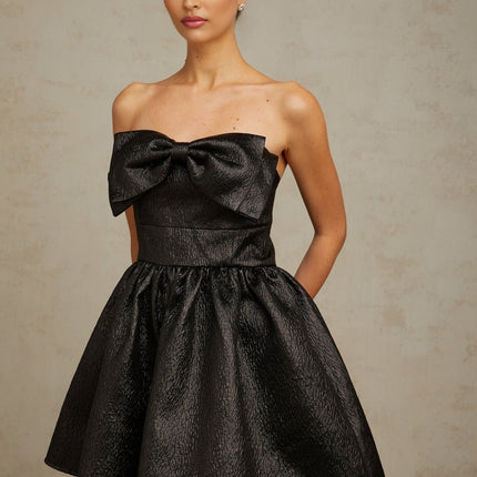 Giacomina Black Mini Dress with Off-Shoulder Design and Bow Detailing