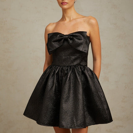 Giacomina Black Off-Shoulder Mini Dress with Bow Detailing and Puff Skirt