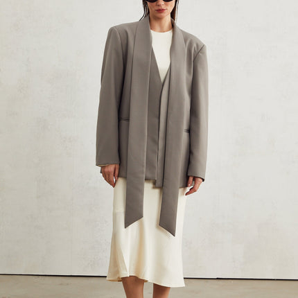 Giacomina Grey Collarless V-neck Open Front Blazer Long Sleeve Buttoned Cuffs Straight Hem Two Front Welt Pockets Polyester Viscose Blend