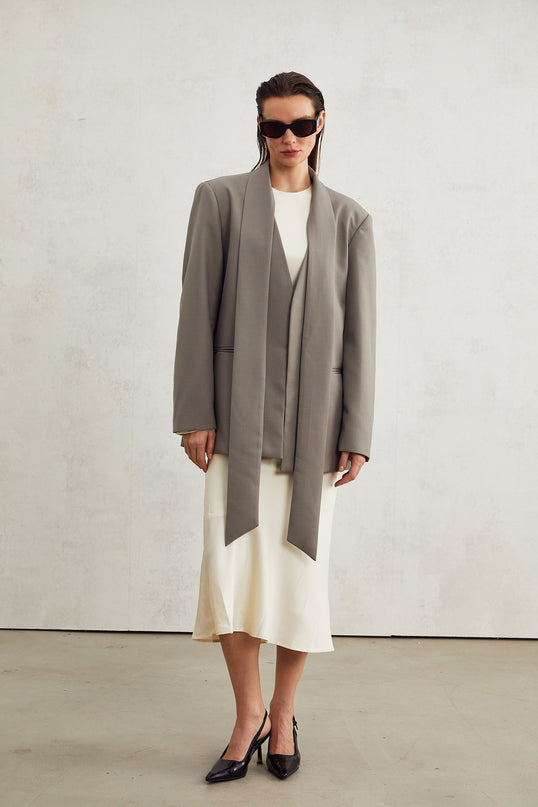 Giacomina Grey Collarless V-neck Open Front Blazer Long Sleeve Buttoned Cuffs Straight Hem Two Front Welt Pockets Polyester Viscose Blend
