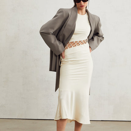 Giacomina Grey Collarless V-neck Open Front Blazer Long Sleeve Buttoned Cuffs V-neckline Straight Hem Two Front Welt Pockets 60% Polyester 40% Viscose