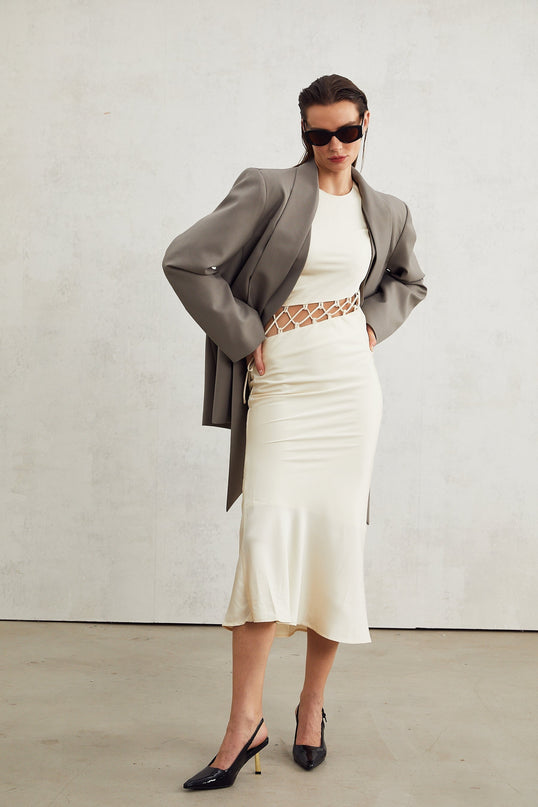 Giacomina Grey Collarless V-neck Open Front Blazer Long Sleeve Buttoned Cuffs V-neckline Straight Hem Two Front Welt Pockets 60% Polyester 40% Viscose