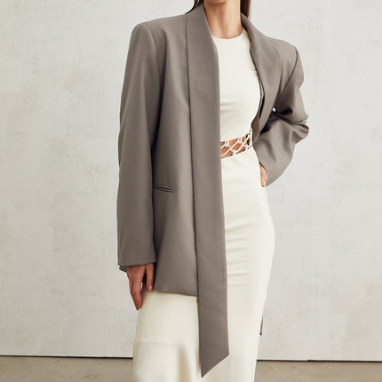 Giacomina Grey Collarless V-neck Open Front Blazer with Buttoned Cuffs and Welt Pockets