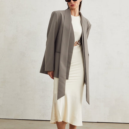 Giacomina Grey V-neck Open Front Blazer with Buttoned Cuffs and Welt Pockets