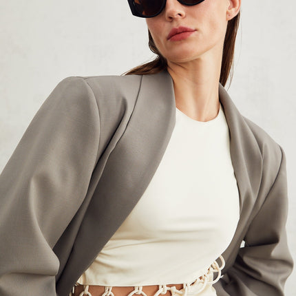 Giacomina Grey Collarless V-neck Open Front Blazer with Buttoned Cuffs and Welt Pockets