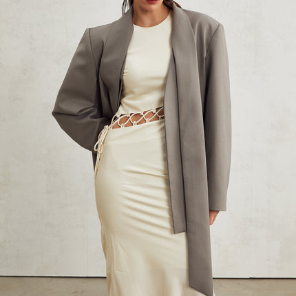 Giacomina Grey Collarless V-neck Open Front Blazer with Buttoned Cuffs and Welt Pockets