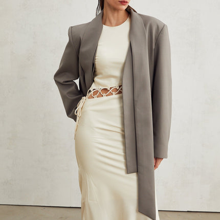 Giacomina Grey Collarless V-neck Open Front Blazer with Buttoned Cuffs and Welt Pockets