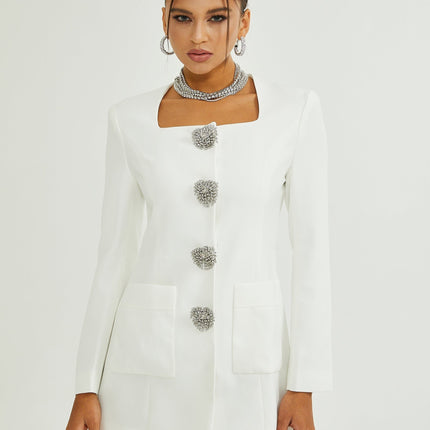 Giacomina White Mini Dress Square Neck Button Detail Long Sleeve Polyester Spandex