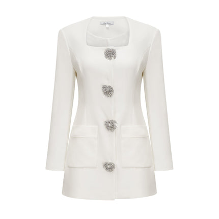 Giacomina White Mini Dress Square Neck Button Detail Long Sleeve Polyester Spandex
