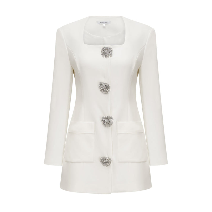 Giacomina White Mini Dress Square Neck Button Detail Long Sleeve Polyester Spandex