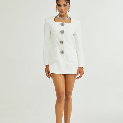 Giacomina White Mini Dress Square Neck Front Button Detailing Long Sleeves Polyester Spandex Blend