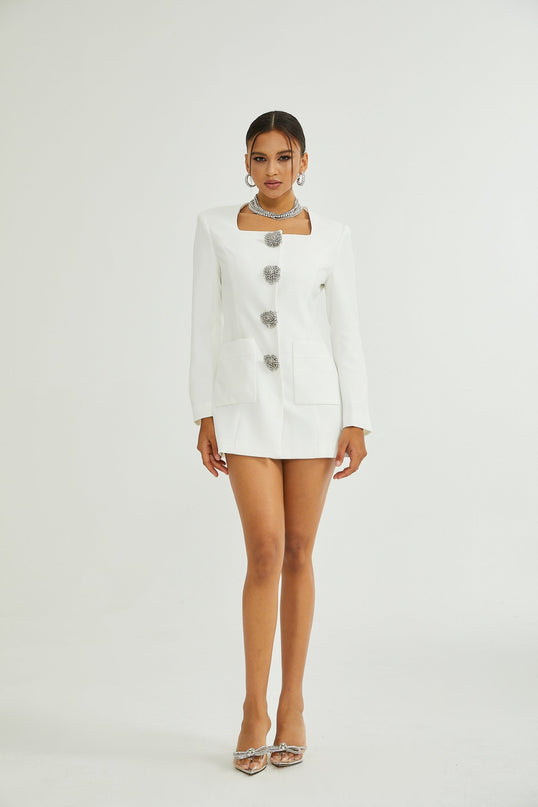Giacomina White Mini Dress Square Neck Front Button Detailing Long Sleeves Polyester Spandex Blend