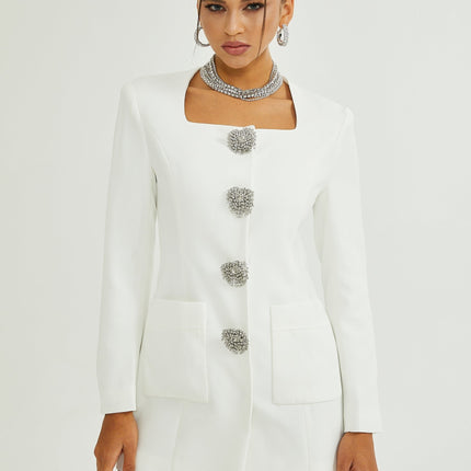 Giacomina White Mini Dress Square Neck Front Button Detailing Long Sleeves Polyester Spandex Blend