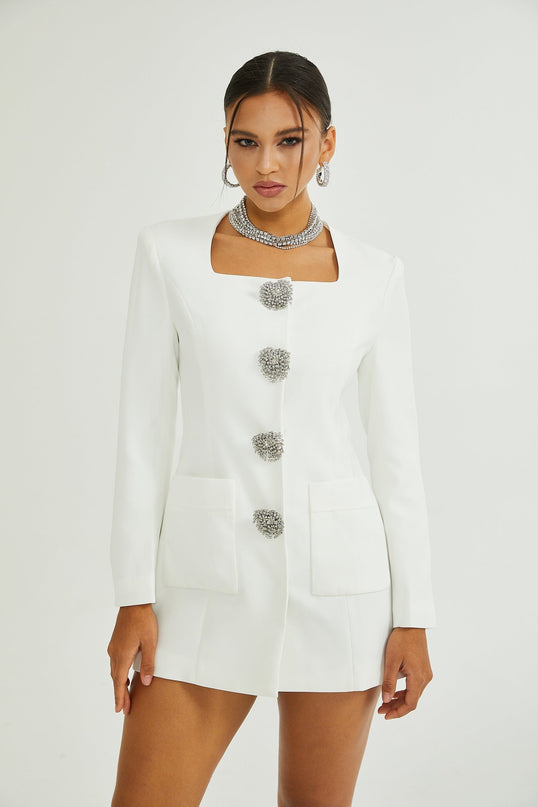 Giacomina White Mini Dress Square Neck Front Button Detailing Long Sleeves Polyester Spandex Blend
