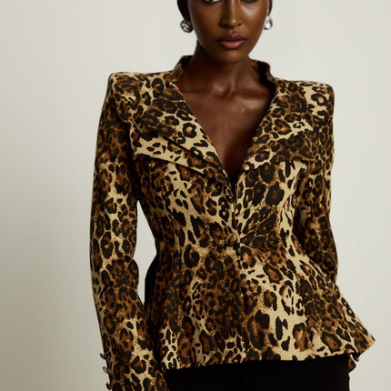 Giada Brown Leopard Print Double Collar Jacket