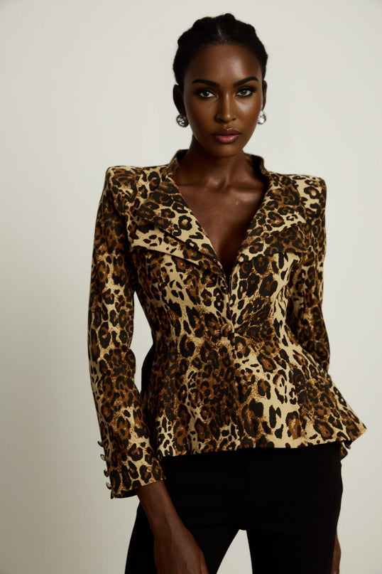Giada Brown Leopard Print Double Collar Jacket